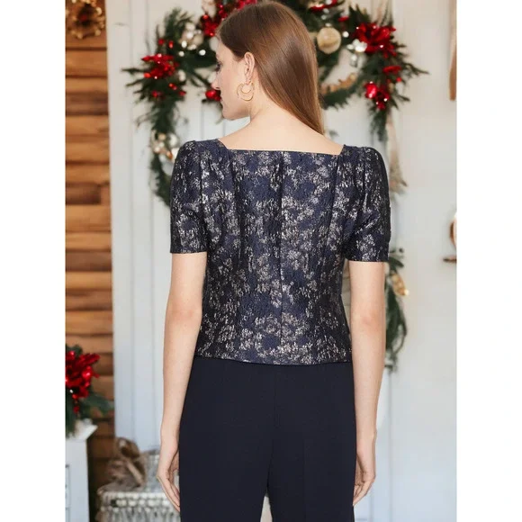 (60% OFF) NWT Club Monaco Brocade Blue Multi Puff Sleeve Blouse Size 6 MSRP $168 - Picture 2 of 6